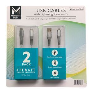 Member's Mark Apple USB-C & USB-A Braided Cables, 2-Pack, 3ft. & 6ft.